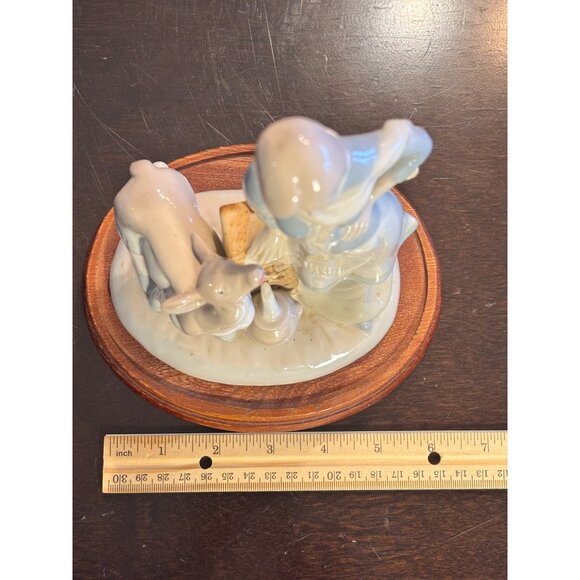Porcelain Shepherdess & Fawn Figurine On Wooden Base - Picture 6 of 9